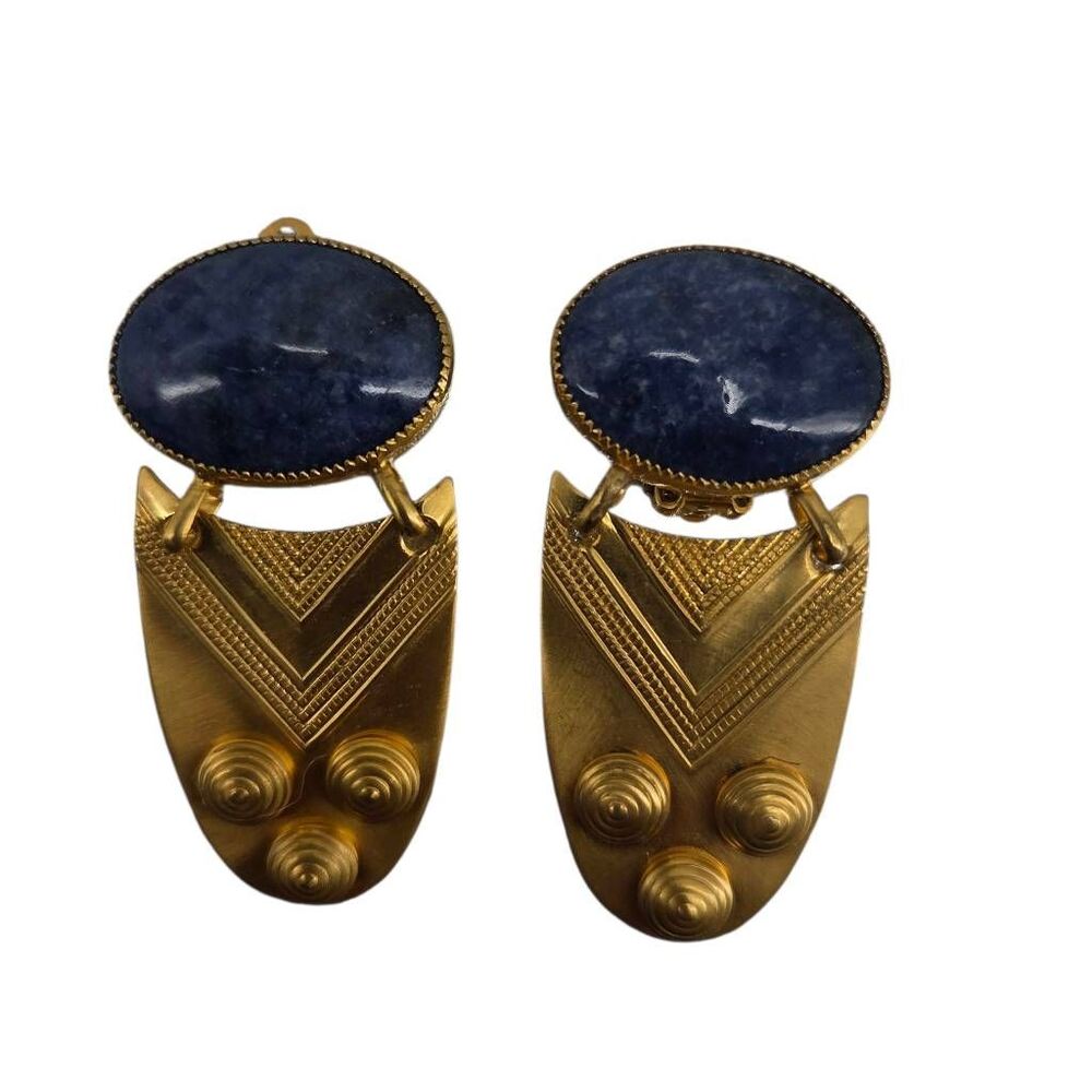 Vintage 1980s Blue Stone Geometric Gold Clip-On Earrings | 2.30"
